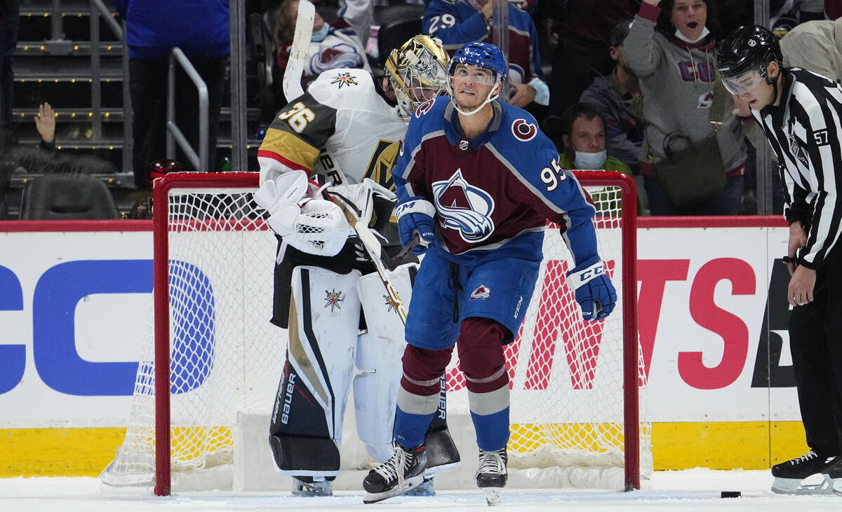 Colorado Avalanche left wing Andre Burakovsky (95) reacts to a goal against Vegas Golden Knight ...