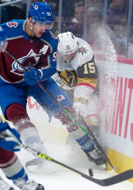 Colorado Avalanche right wing Mikko Rantanen (96) and Vegas Golden Knights forward Jake Leschys ...