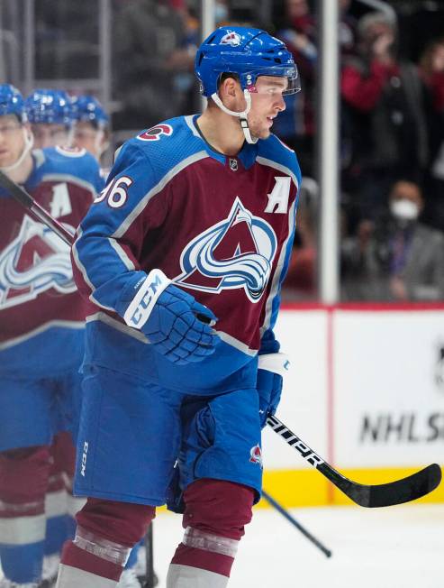 Colorado Avalanche right wing Mikko Rantanen (96) celebrates a goal against the Vegas Golden Kn ...