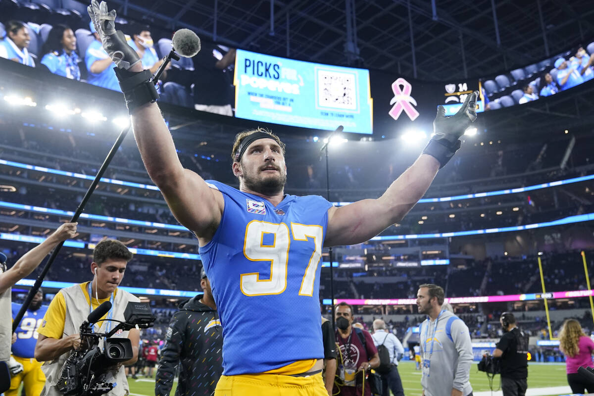 Los Angeles Chargers defensive end Joey Bosa celebrates after the Chargers defeated the Las Veg ...