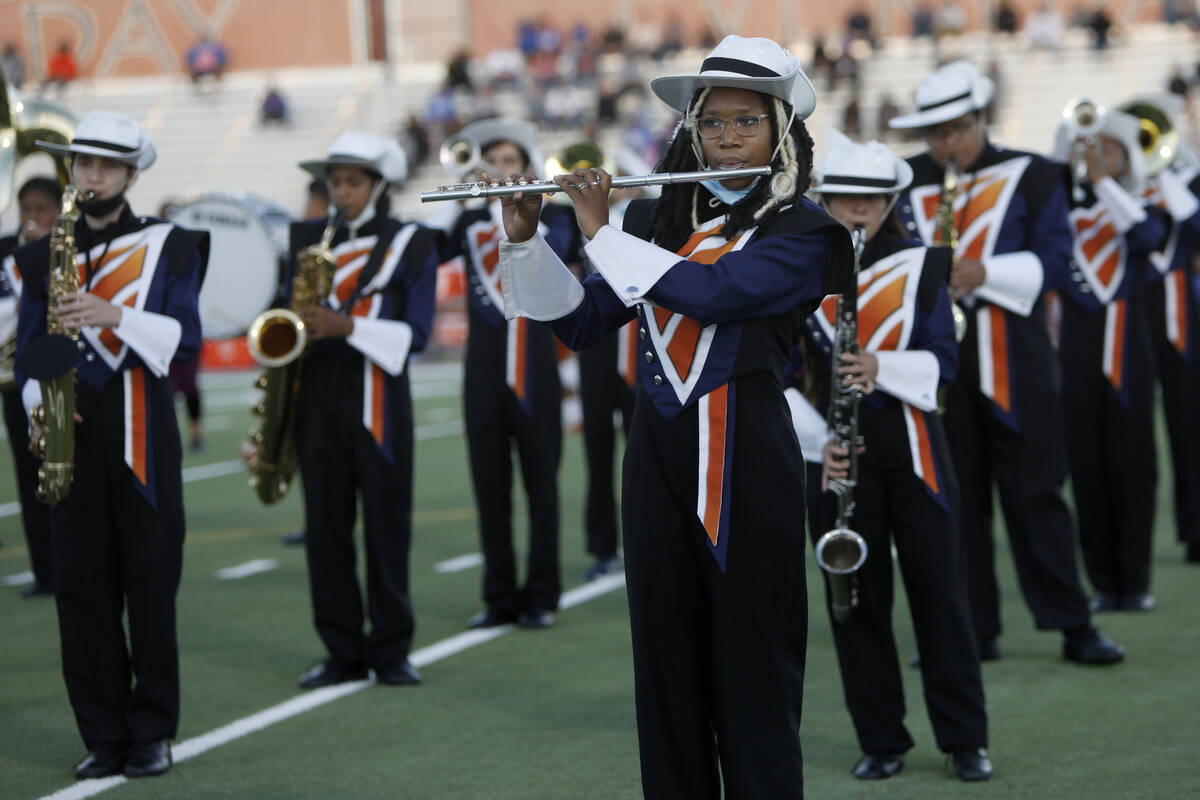 Legacy High School's marching band perform before a football game against Bishop Gorman High Sc ...