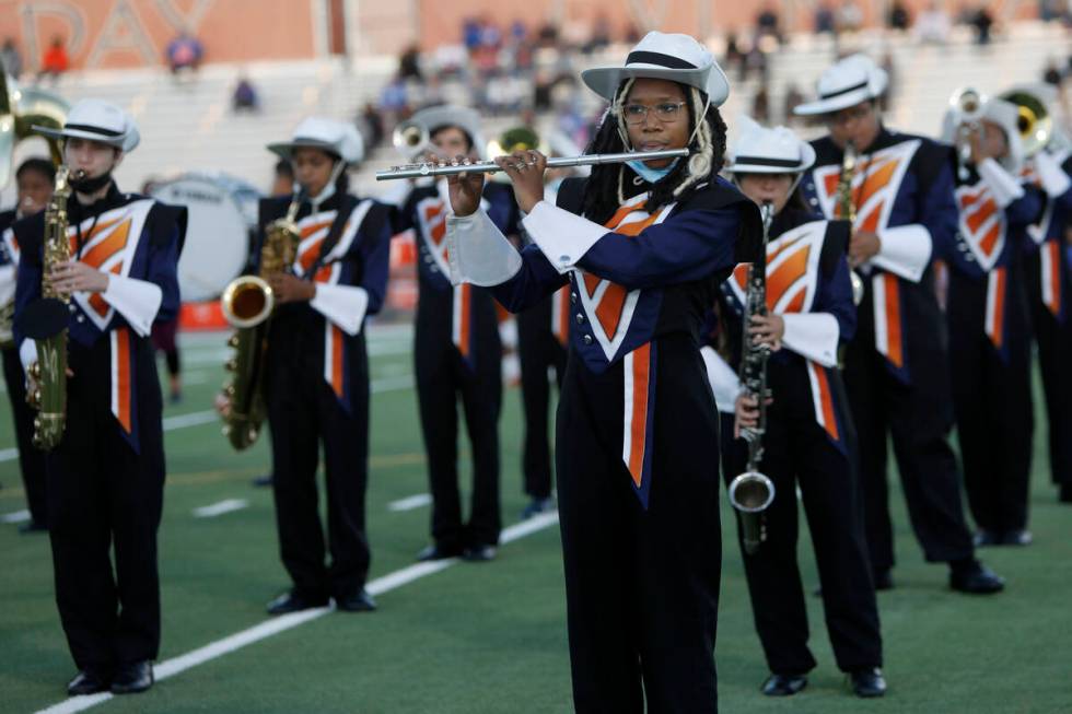 Legacy High School's marching band perform before a football game against Bishop Gorman High Sc ...