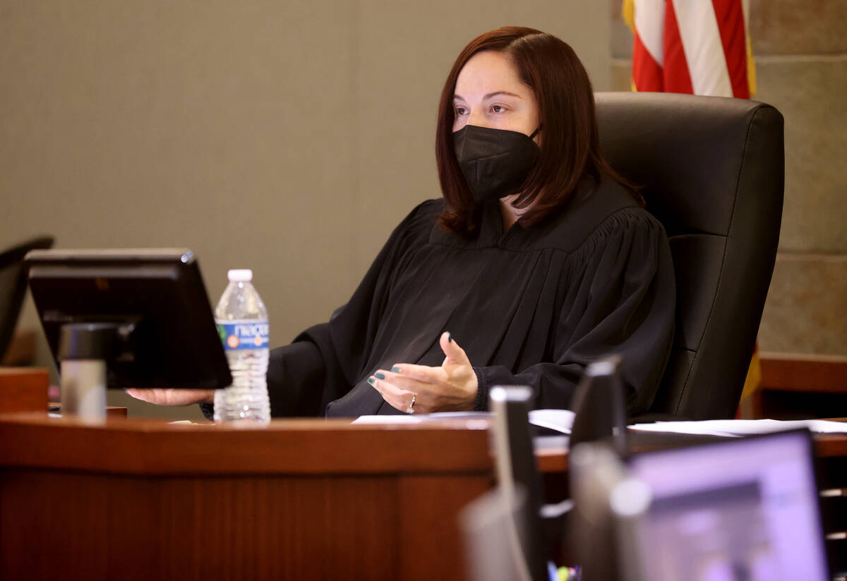 Clark County District Judge Monica Trujillo presides in court at the Regional Justice Center in ...