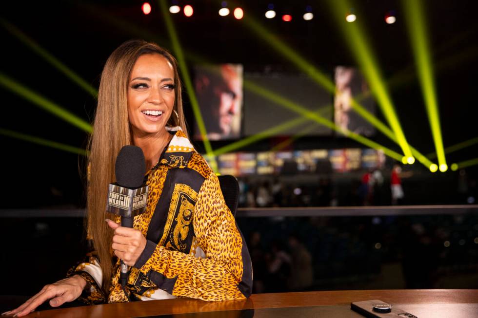 Television broadcaster Kate Abdo speaks during a press conference with Tyson Fury and Deontay W ...