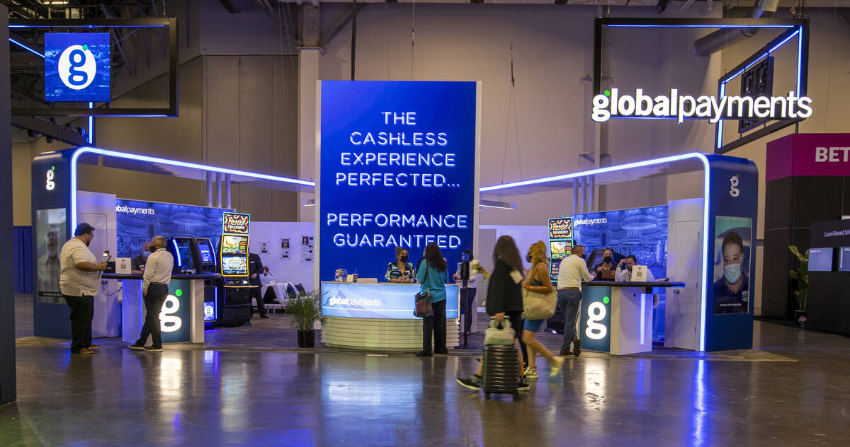 Global Payments welcomes attendees to their display area during day 4 at the Global Gaming Expo ...