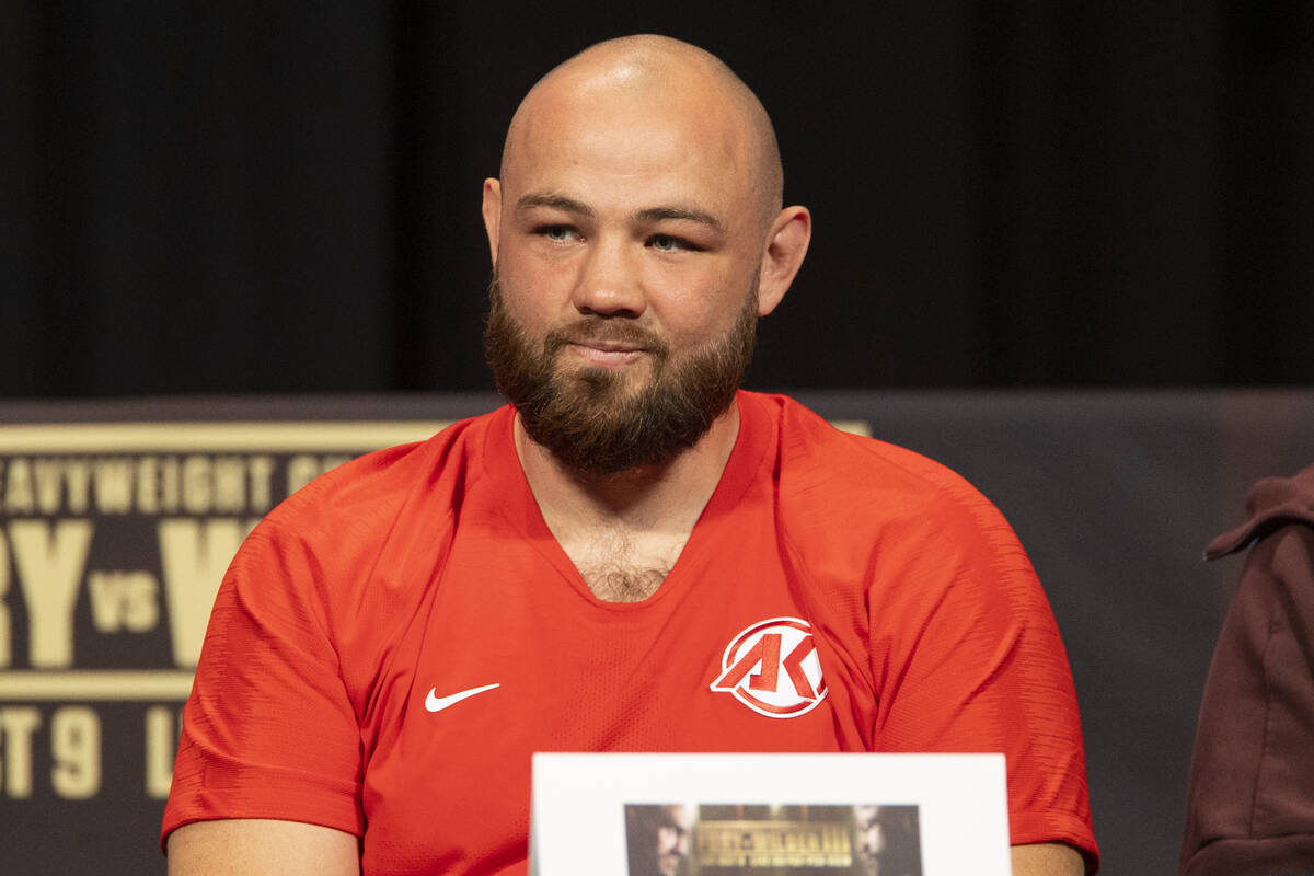 Adam Kownacki participates during a press conference at the MGM Grand Garden Arena in Las Vegas ...