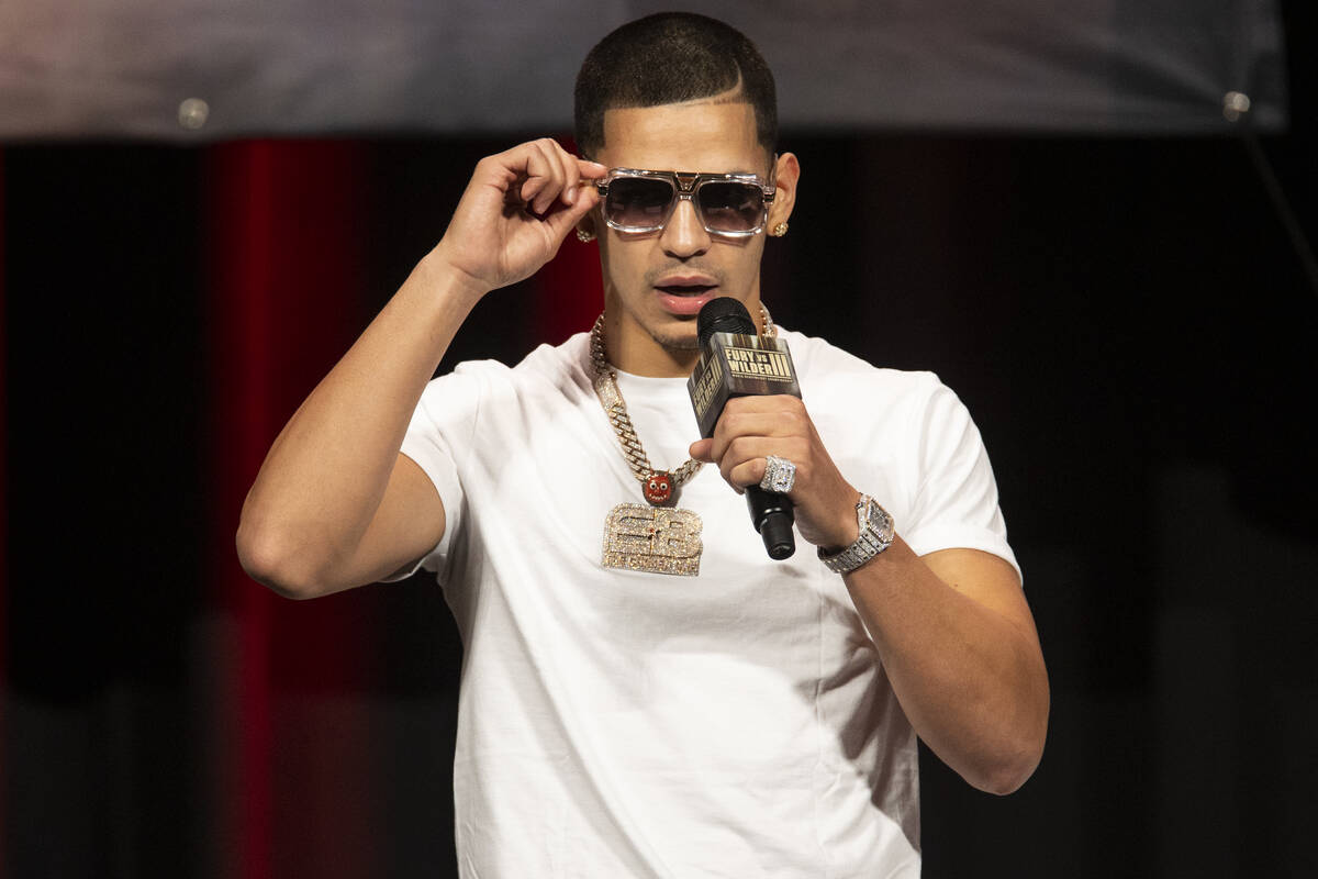 Edgar Berlanga speaks during a press conference at the MGM Grand Garden Arena in Las Vegas, Thu ...