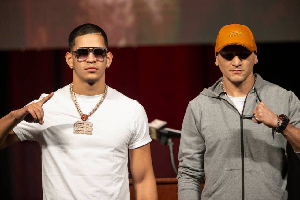 Edgar Berlanga, left, and Marcelo Esteban Coceres, pose during a press conference at the MGM Gr ...