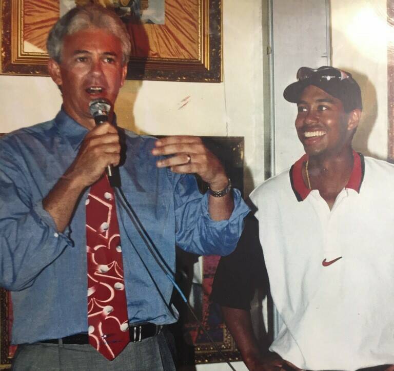 Jack Sheehan interviews Tiger Woods in the volunteers' room after the 1996 Las Vegas Invitation ...