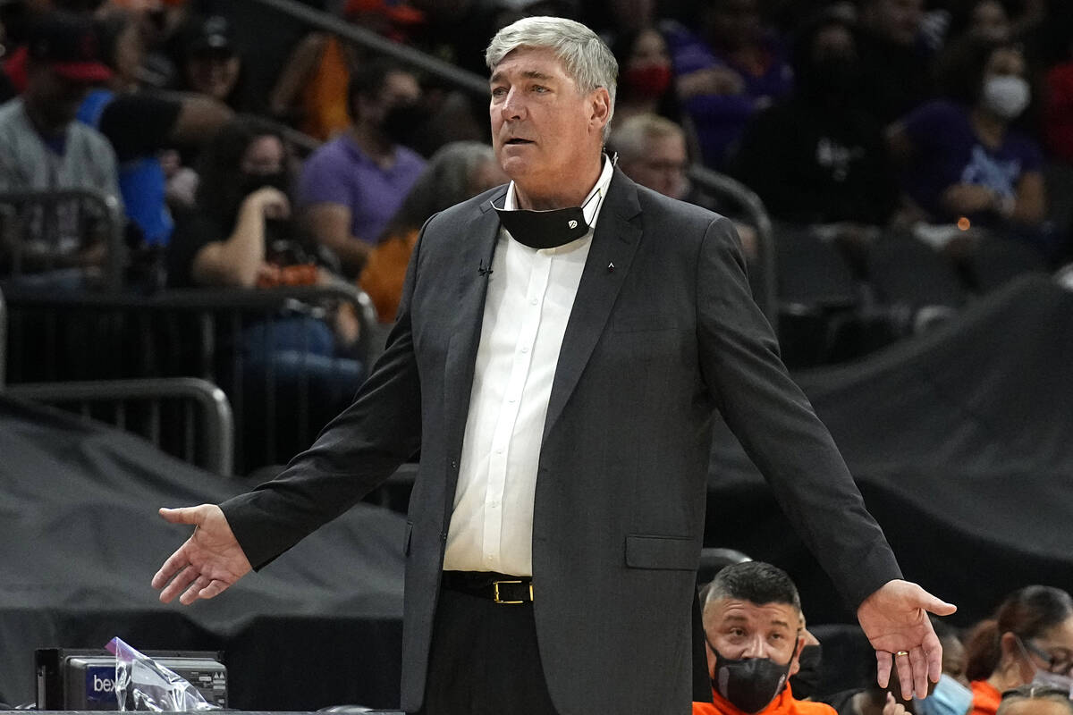 Las Vegas Aces head coach Bill Laimbeer reacts during the second half of game 4 of a WNBA baske ...