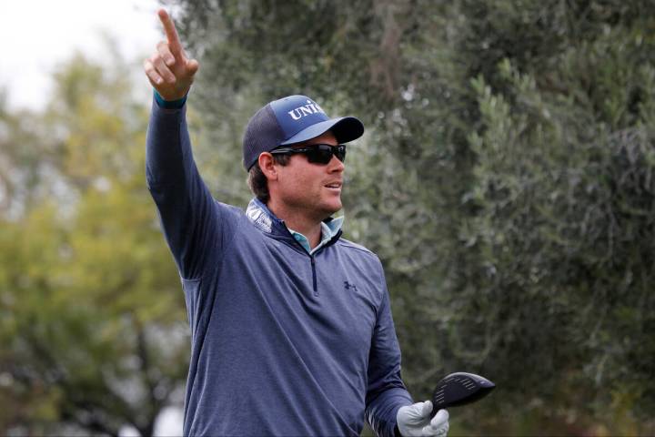 Adam Schenk reacts after his tee shot on the ninth hole during the first round of the Shriners ...