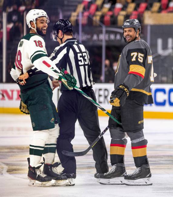 Minnesota Wild left wing Jordan Greenway (18) is separated again from Golden Knights right wing ...