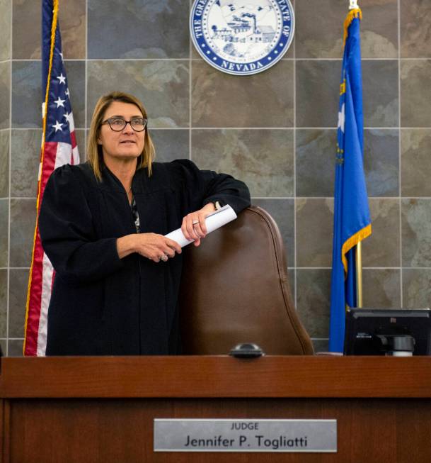 District Judge Jennifer Togliatti appears in her courtroom at the Regional Justice Center in La ...
