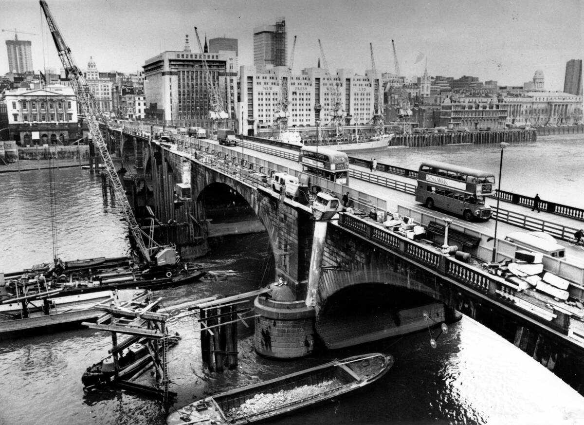 This is an April, 1968 photo of the London Bridge as it is being dismantled over the Thames riv ...