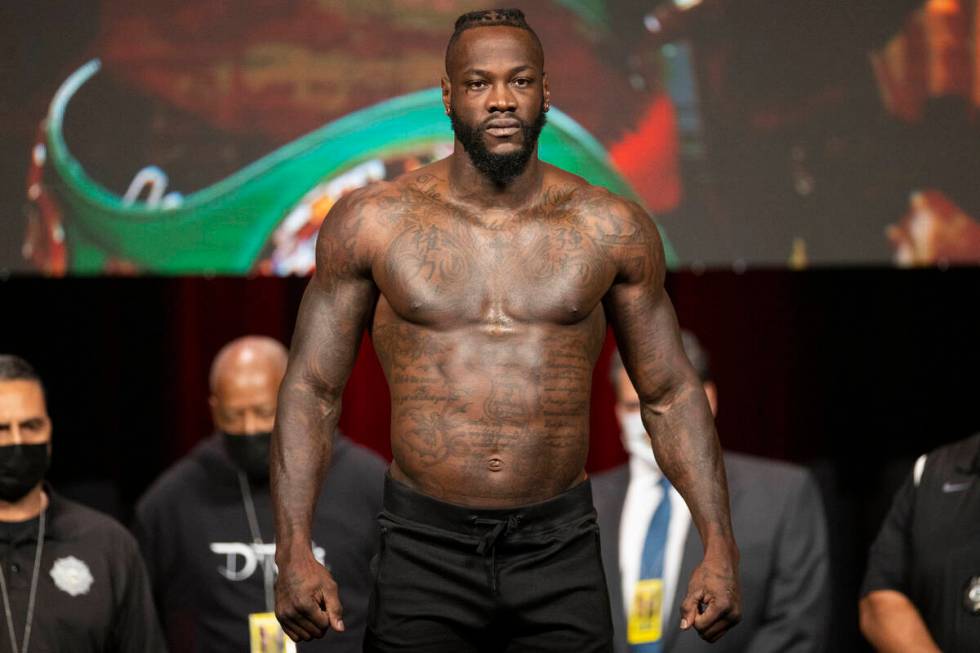 Deontay Wilder stands on a scale during a weigh-in event at the MGM Grand Garden Arena in Las V ...