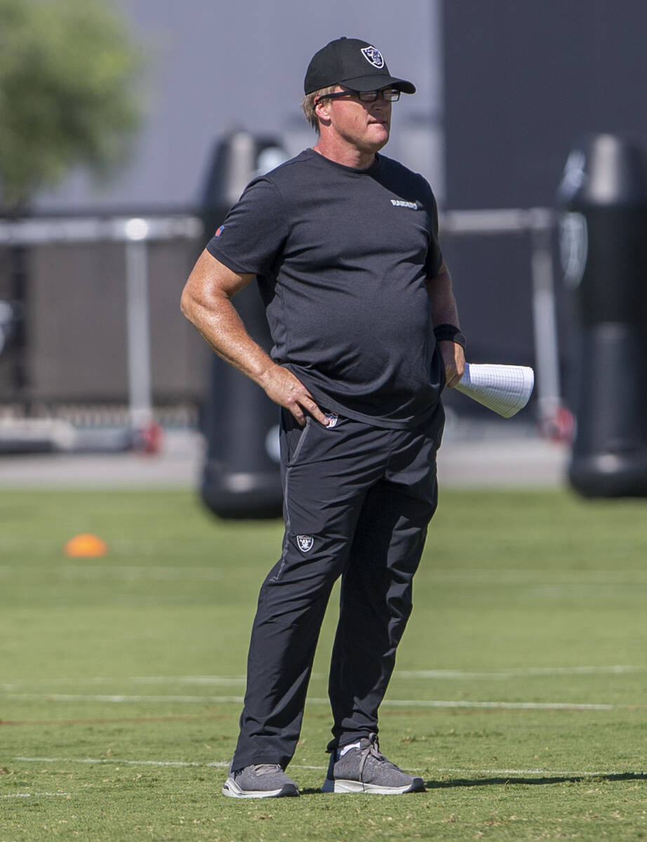 Raiders head coach Jon Gruden looks on during a practice session at the Raiders Headquarters at ...