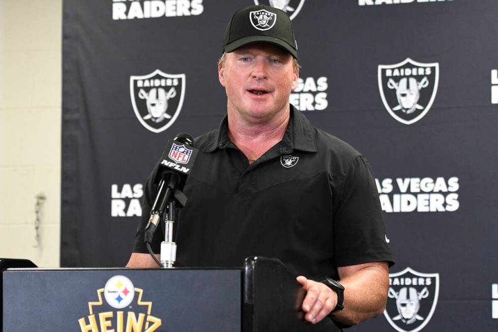 Las Vegas Raiders head coach Jon Gruden meets with the media following an NFL football game aga ...