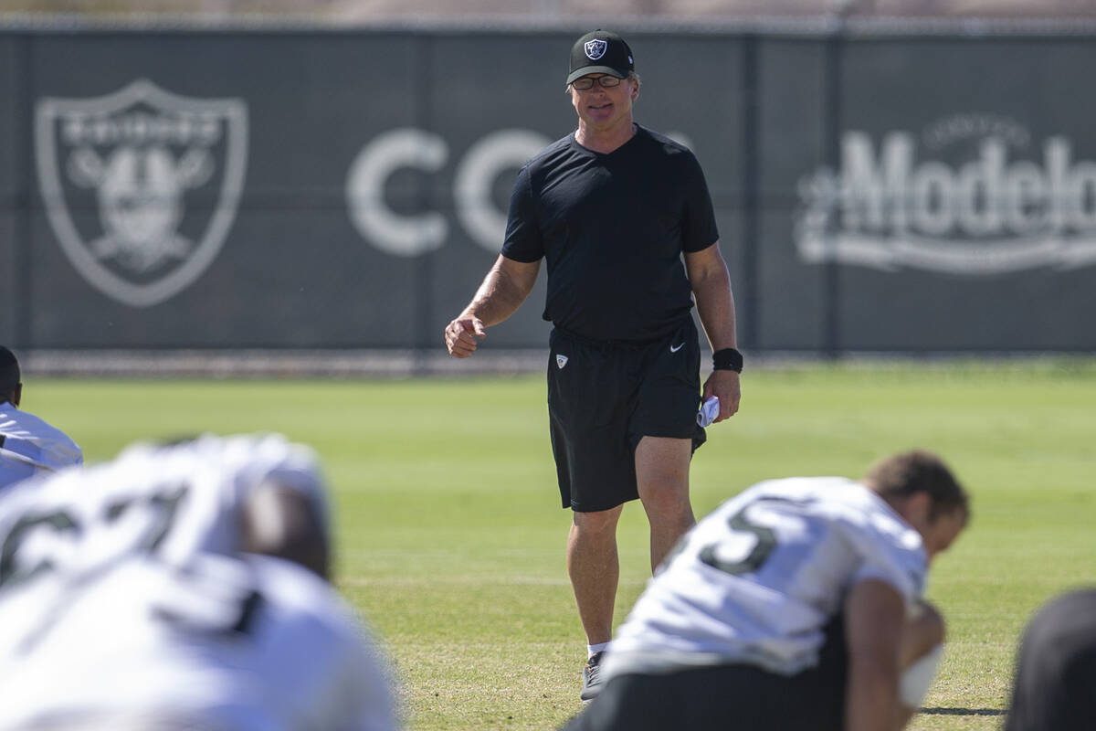 Raiders head coach Jon Gruden oversees practice during a practice session at the Raiders Headqu ...