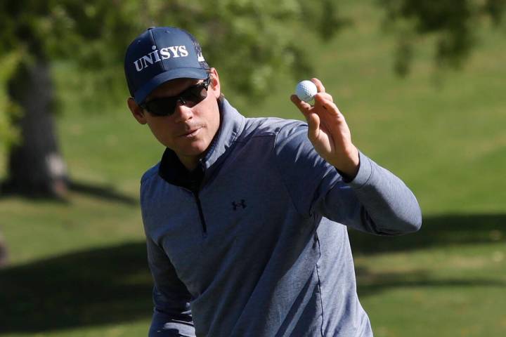 Adam Schenk reacts after putting on the ninth green during the third round of the Shriners Hosp ...