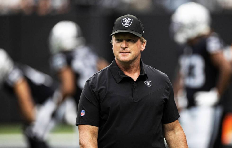 Las Vegas Raiders head coach Jon Gruden takes the field before the start of an NFL football gam ...