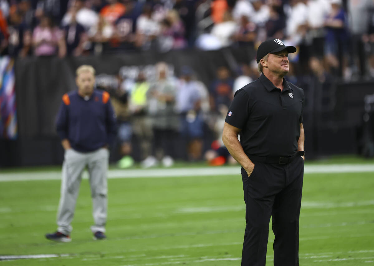 Raiders head coach Jon Gruden looks on before the start of an NFL game against the Chicago Bear ...