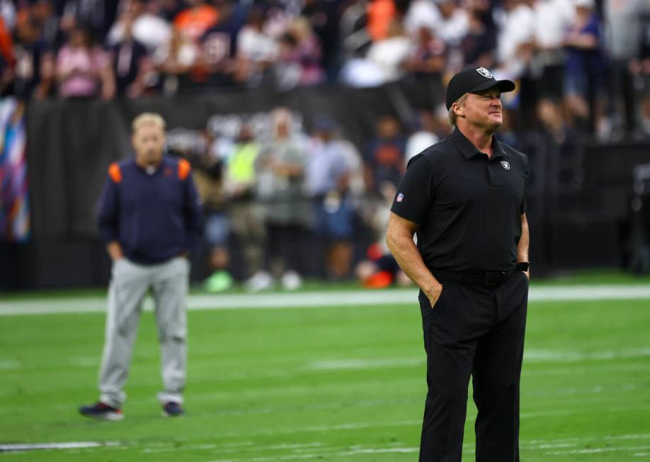 Raiders head coach Jon Gruden looks on before the start of an NFL game against the Chicago Bear ...
