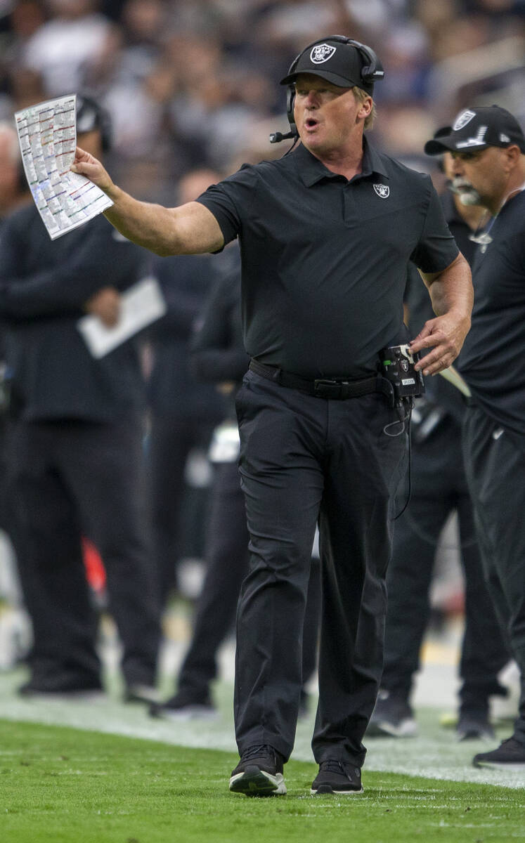 Raiders head coach Jon Gruden on the sideline during the first quarter of an NFL football game ...