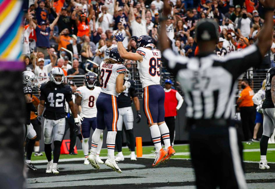 Chicago Bears tight end Jesper Horsted (87) celebrates his touchdown against the Raiders with B ...