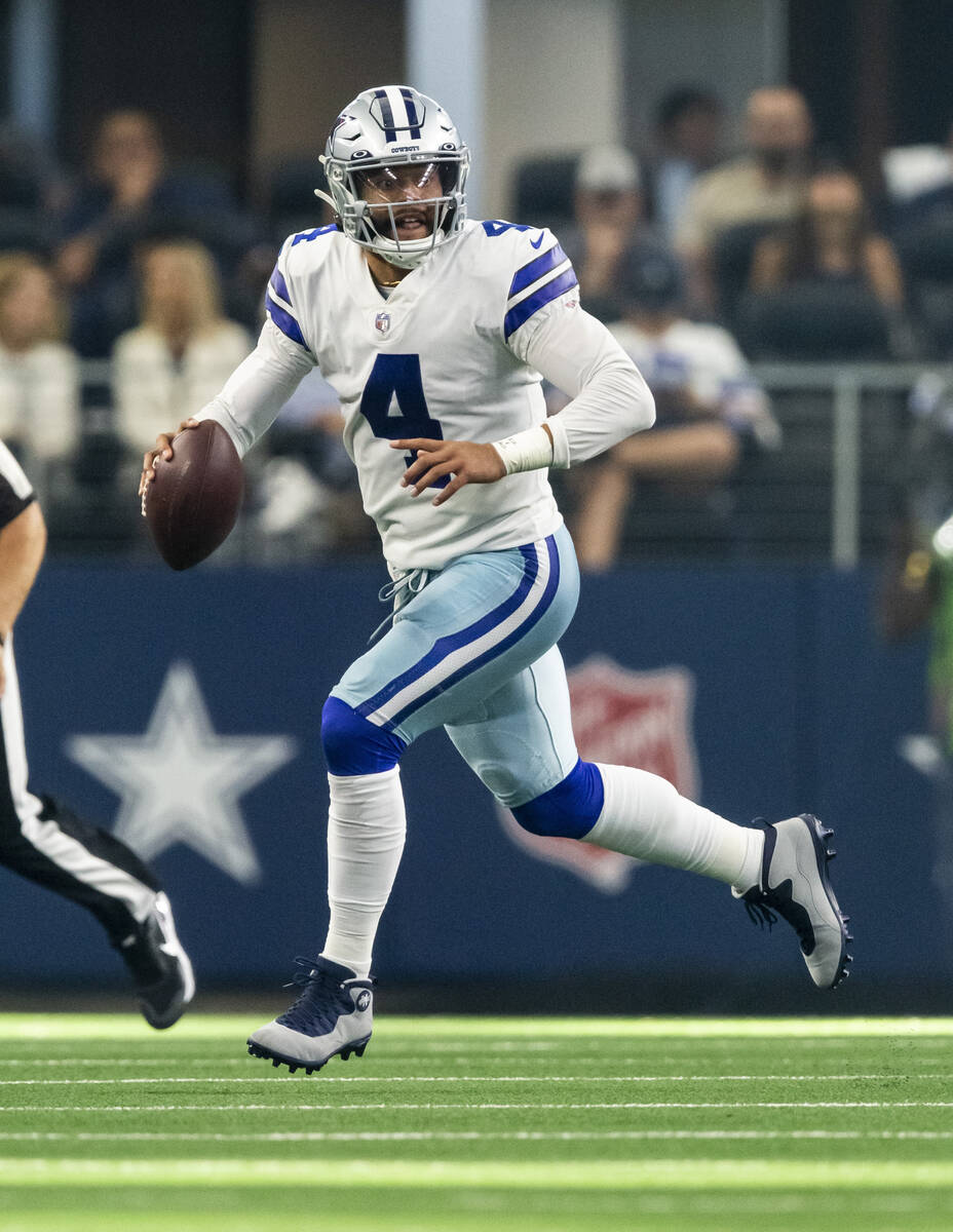 Dallas Cowboys quarterback Dak Prescott (4) looks for an open receiver during an NFL football g ...