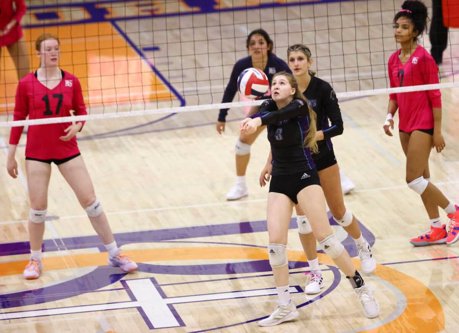 Silverado's Brooke Evans (3) sets the ball during a volleyball game at Bishop Gorman High Schoo ...