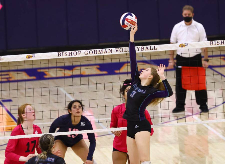 Silverado's Brooke Evans (3) sets the ball during a volleyball game at Bishop Gorman High Schoo ...