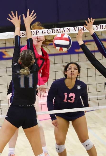 Bishop Gorman's middle blocker Ashley Duckworth (17) sends the ball past Silverado's Jenna Dese ...