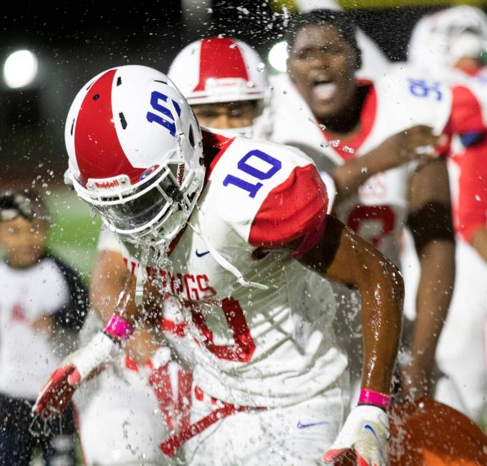 Valley's DeAndre Gholar (10) gets a cooler of water dumped on him after leading the team to a w ...