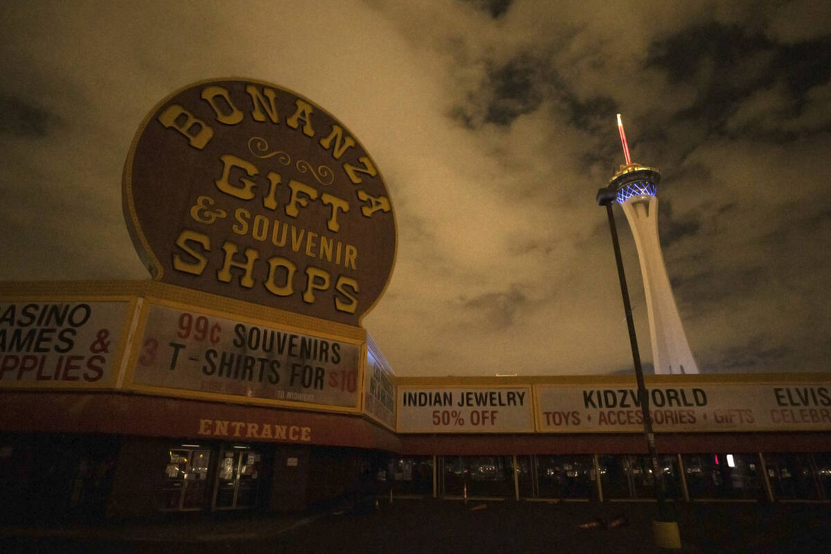 Bonanza Gift Shop is largely dark during a partial power outage on Monday, Oct. 11, 2021, aroun ...