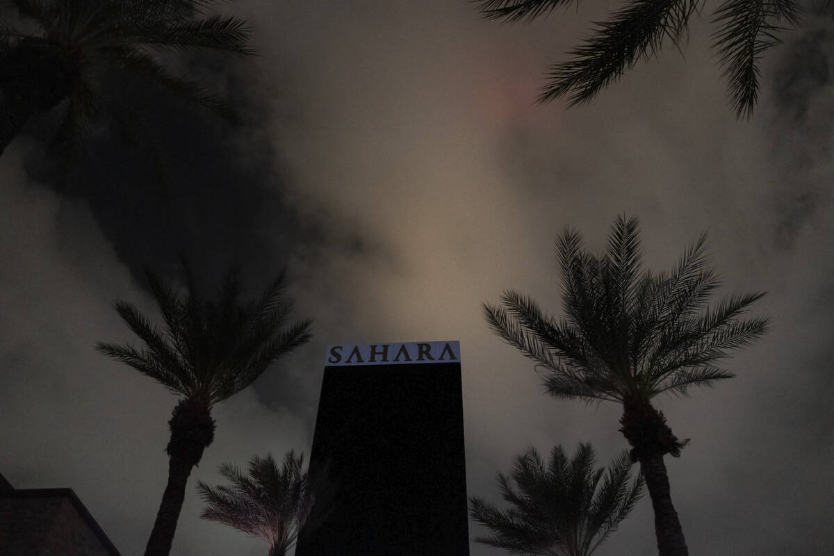 Sahara Las Vegas is largely dark during a partial power outage on Monday, Oct. 11, 2021, around ...