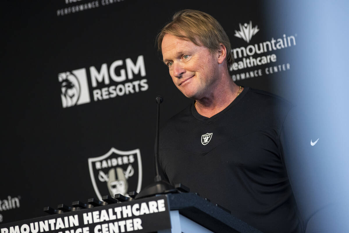Jon Gruden responds to questions from the media. (Chase Stevens/Las Vegas Review-Journal) @csst ...