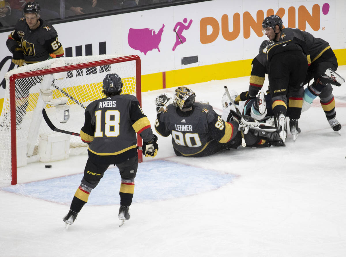 Vegas Golden Knights goaltender Robin Lehner (90) gives up a goal in the second period during a ...