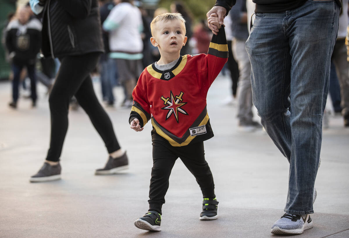 Golden Knights fans before the start of an NHL hockey game against the Seattle Kraken on Tuesda ...