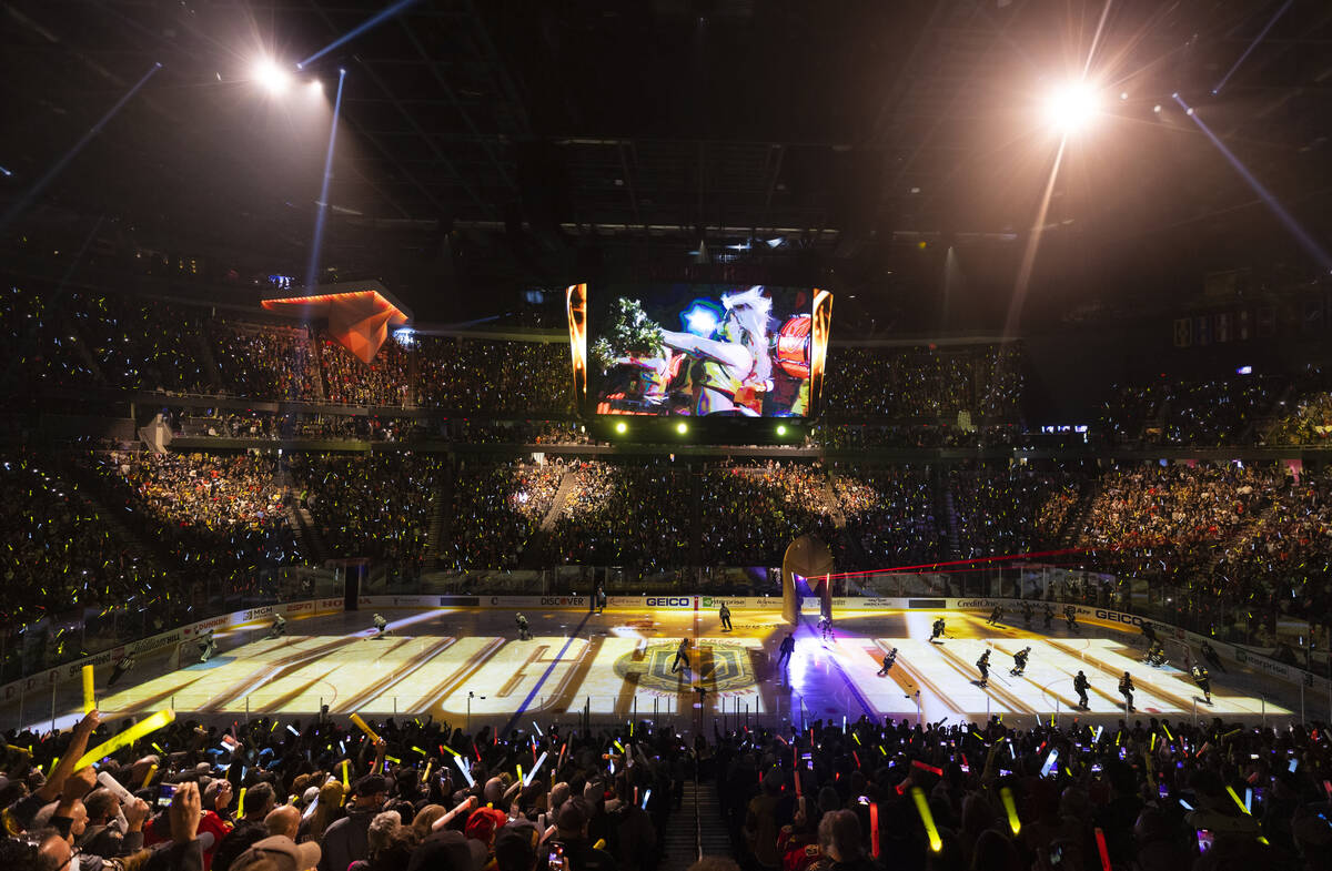 The Golden Knights take the ice before the start of an NHL hockey game against the Seattle Krak ...