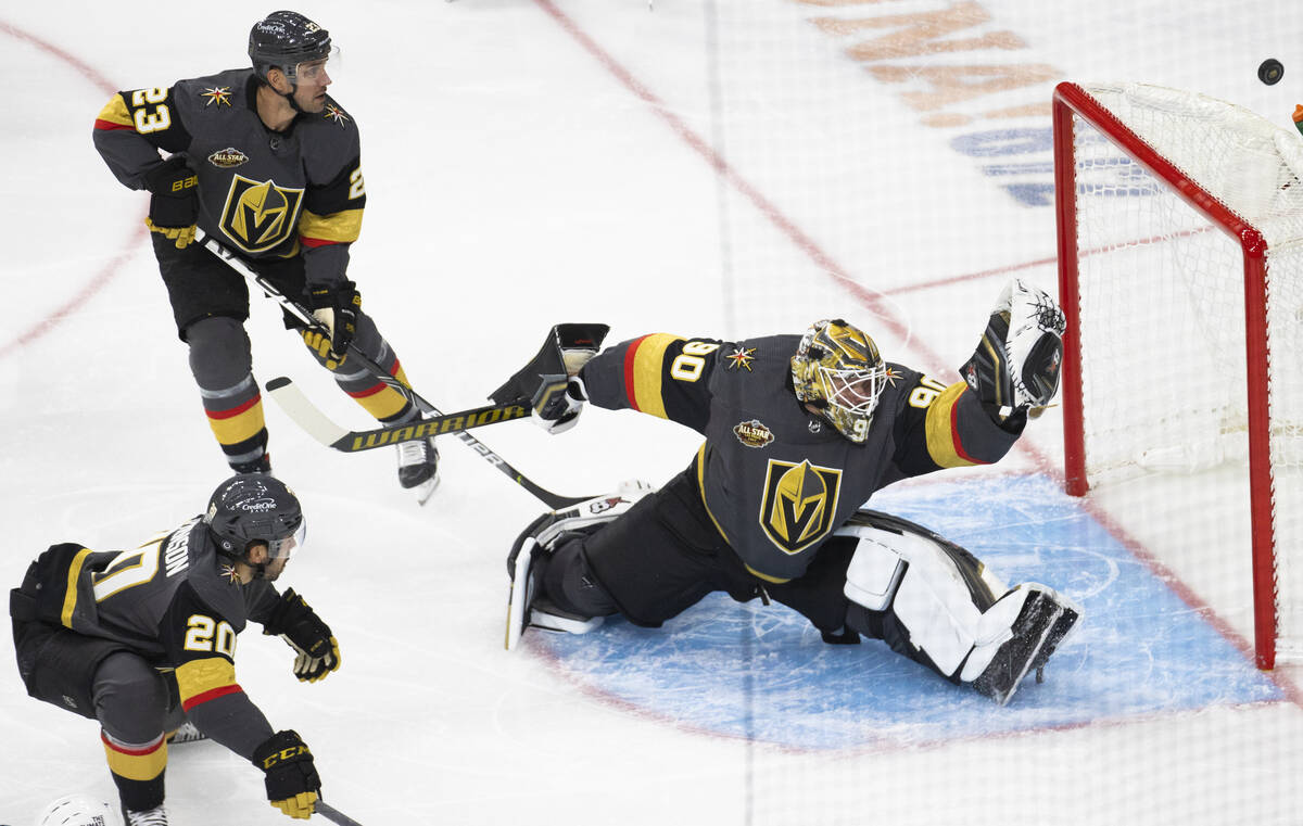 Vegas Golden Knights goaltender Robin Lehner (90) makes a save in the first period during an NH ...