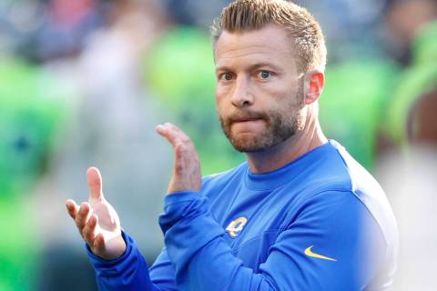 Los Angeles Rams head coach Sean McVay reacts on the field during warmups before an NFL footbal ...