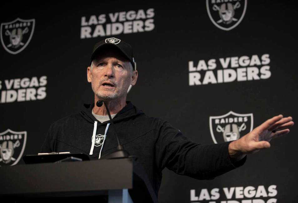 General manager Mike Mayock addresses the media before practice on Wednesday, Oct. 13, 2021, at ...