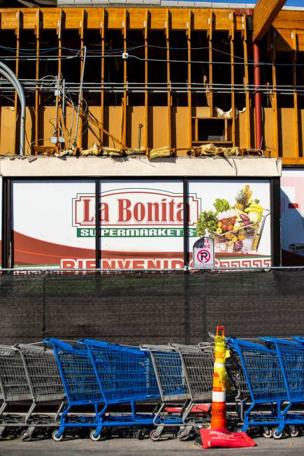 Repair work is seen at La Bonita supermarket at 2500 E. Desert Inn Road, where part of the fron ...