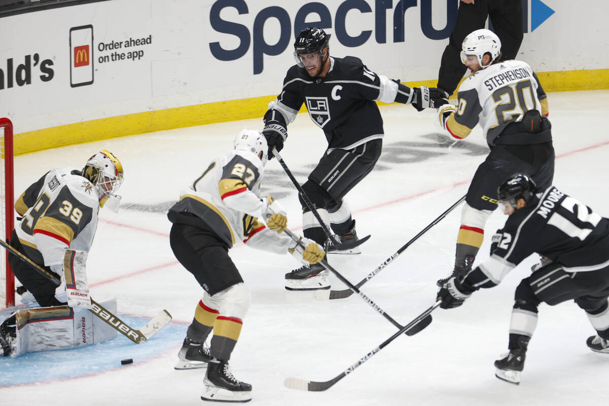 Vegas Golden Knights goalie Laurent Brossoit (39) makes a save on a shot by Los Angeles Kings f ...