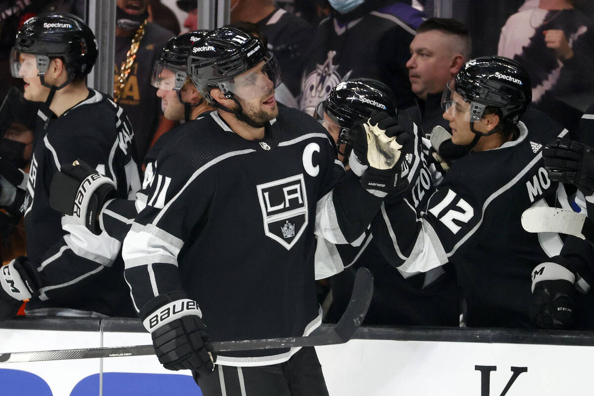Los Angeles Kings forward Anze Kopitar (11) is congratulated on his goal against the Vegas Gold ...