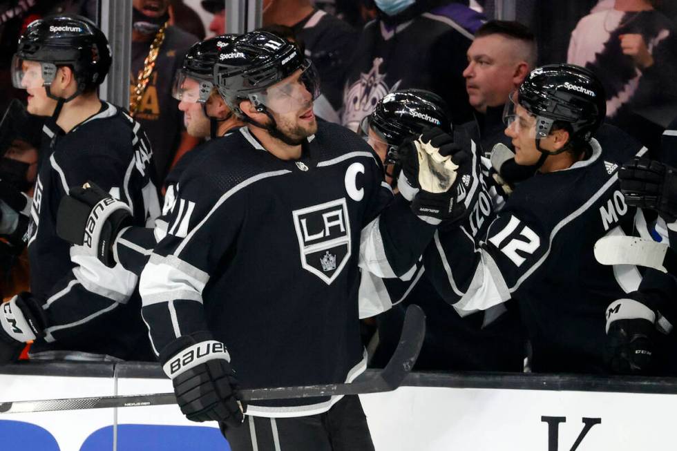 Los Angeles Kings forward Anze Kopitar (11) is congratulated on his goal against the Vegas Gold ...