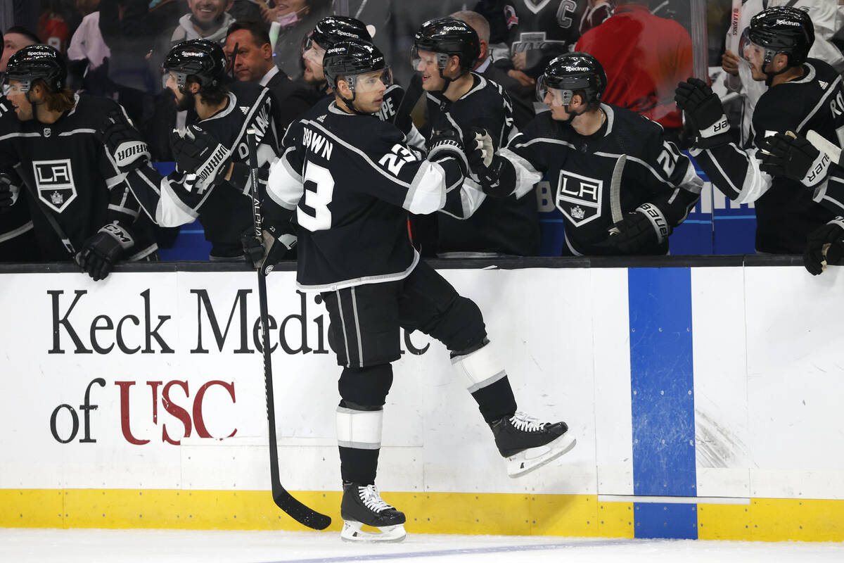 Los Angeles Kings forward Dustin Brown (23) is congratulated on his goal against the Vegas Gold ...