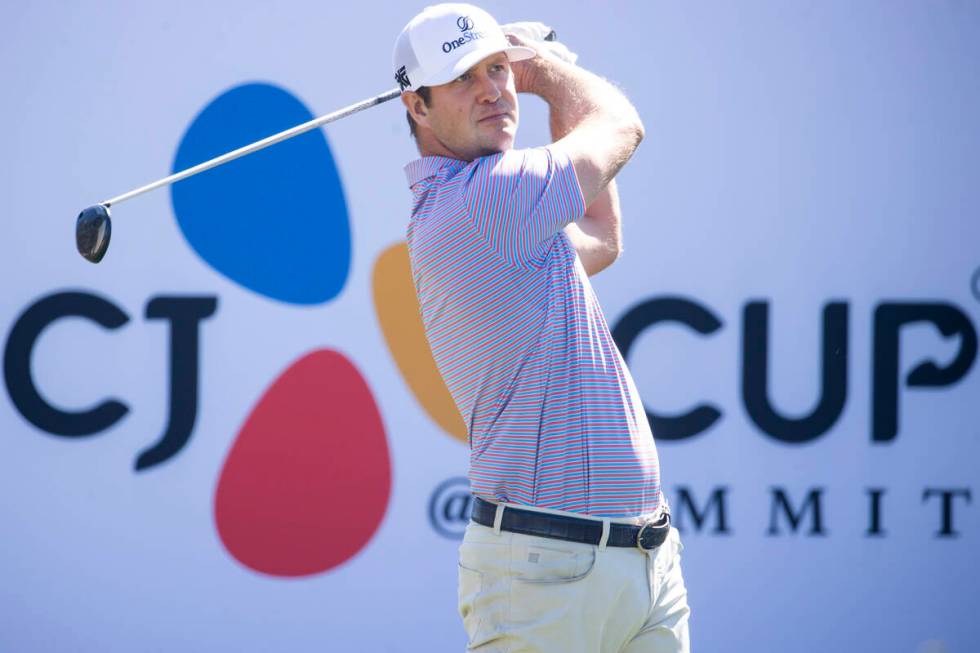 Hudson Swafford hits the ball from the 14th tee box during the first round of the CJ Cup golf t ...