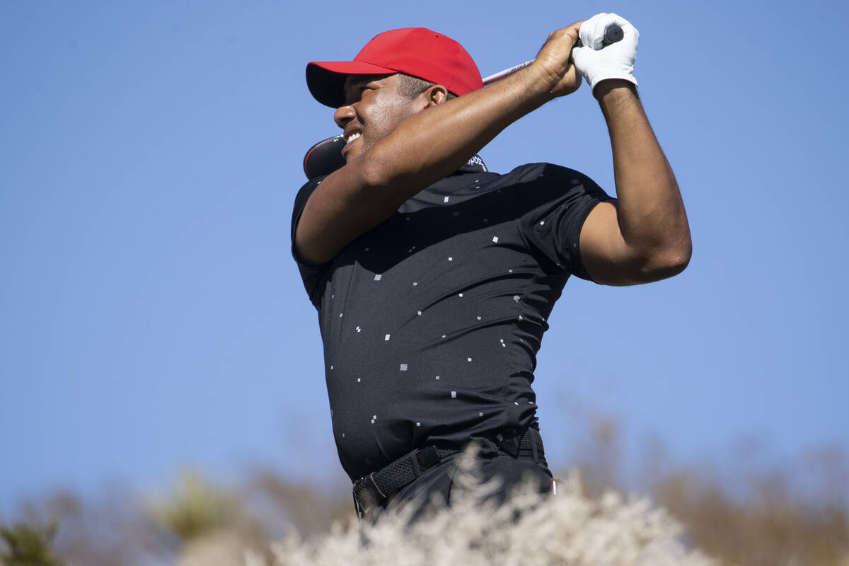 Jhonattan Vegas hits the ball from the 17th tee box in the first round of the CJ Cup golf tourn ...
