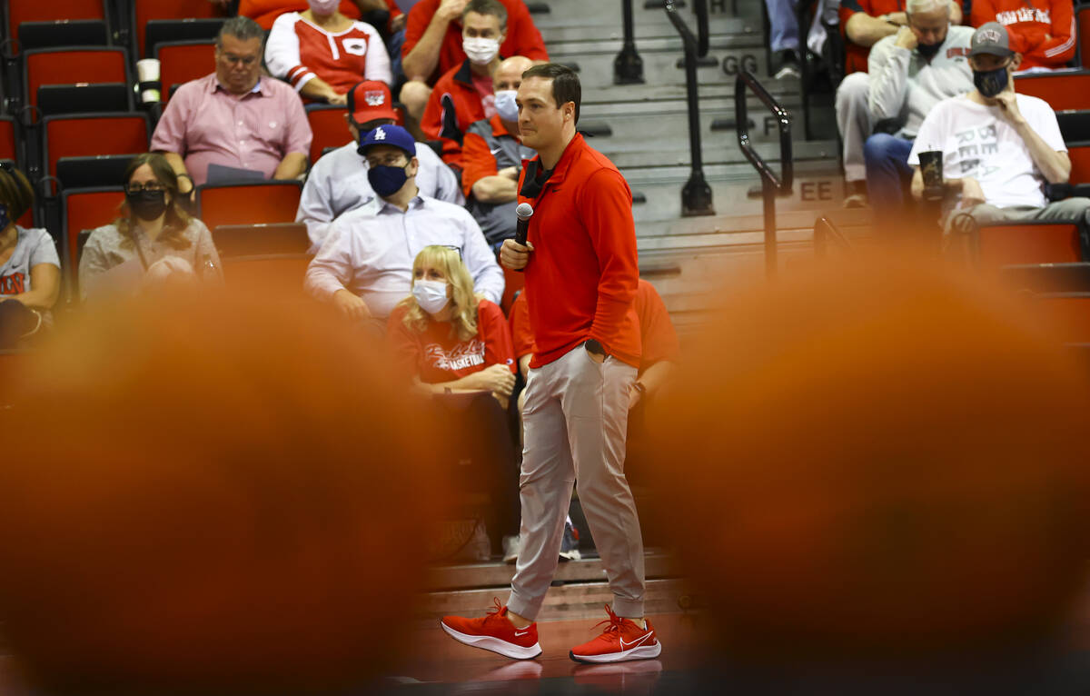 UNLV head coach Kevin Kruger looks on during an open basketball practice and fundraiser for for ...